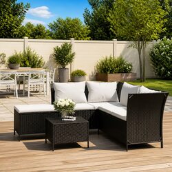 4 Piece Garden Lounge Set: Black Poly Rattan and Steel