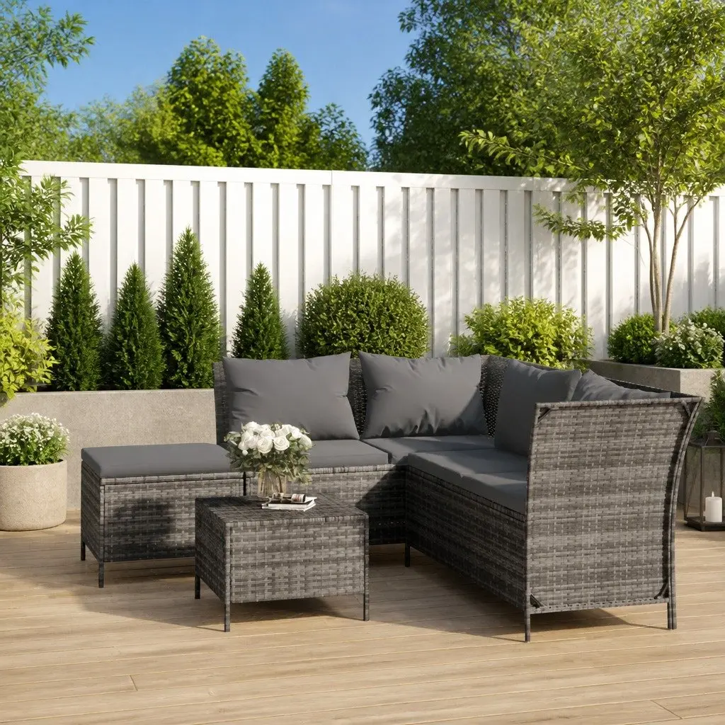 Garden Lounge Set Grey Poly Rattan Corner Sofa with Cushions and Storage Outdoor 4 Piece