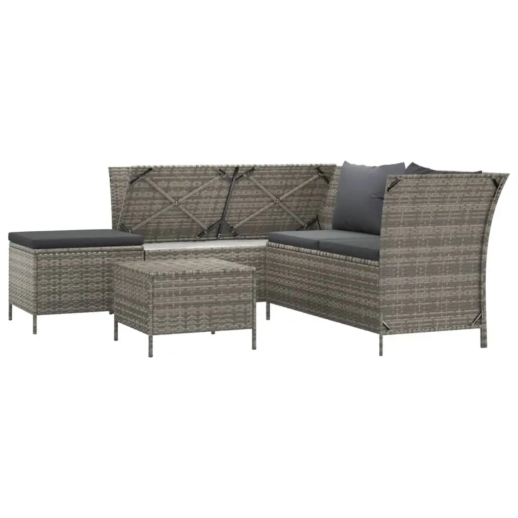 Garden Lounge Set Grey Poly Rattan Corner Sofa with Cushions and Storage Outdoor 4 Piece