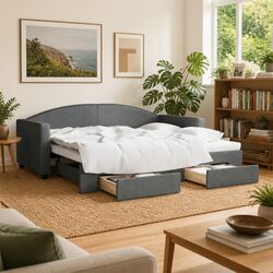 Daybed with Trundle and Storage Drawers Sofa Bed Guest Room Furniture Grey