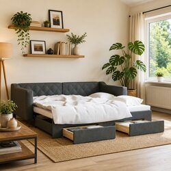 Daybed with Trundle & Storage Drawers: 90x190 cm Grey