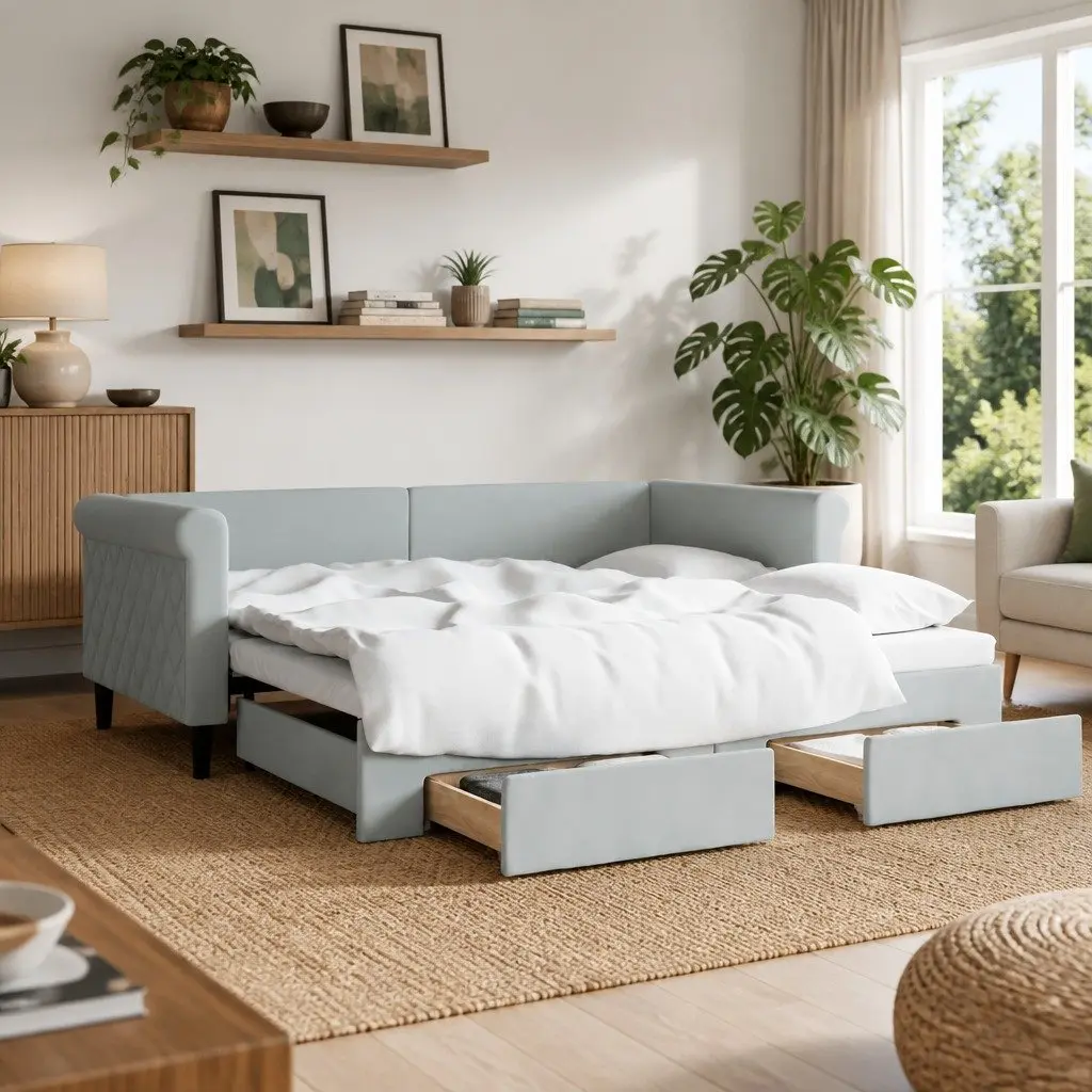 Grey Daybed 90x190 cm with Trundle and Two Storage Drawers
