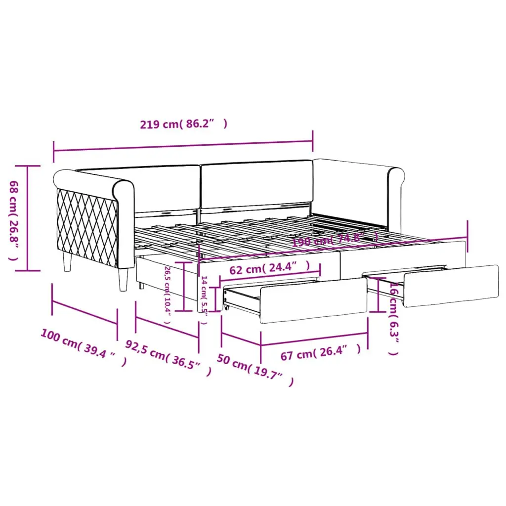 Grey Daybed 90x190 cm with Trundle and Two Storage Drawers