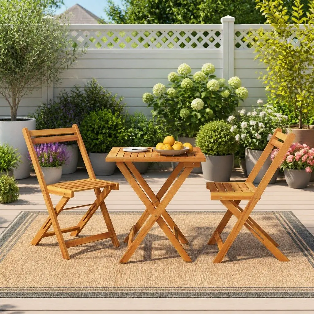 3 Piece Folding Bistro Set Solid Acacia Wood Outdoor Garden Dining Furniture