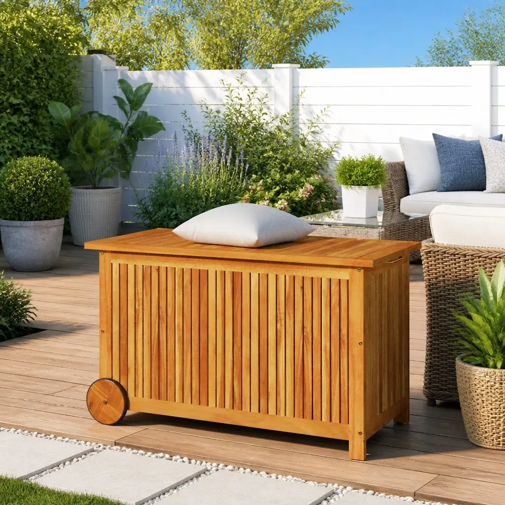Garden Storage Box Outdoor Use 90x50x58 cm Wooden Furniture with Wheels