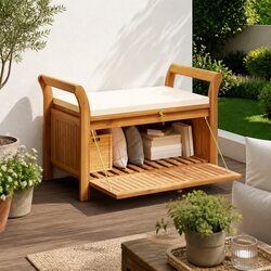Garden Storage Bench 91cm Solid Acacia Wood Outdoor Seating with Cushion Brown