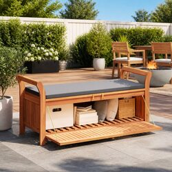 Garden Storage Bench 126cm Wooden Outdoor Seating with Cushion Curved Arms