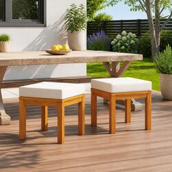 Garden Stools Specifications: Acacia Wood, Cream Cushions