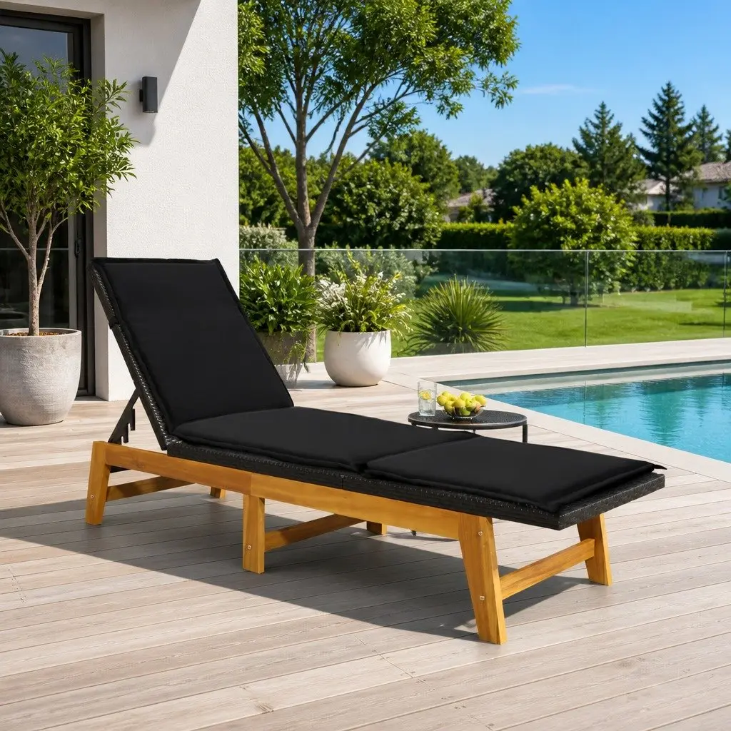 Sun Lounger for Patio Garden Adjustable Backrest with Cushion Poly Rattan Solid Wood Acacia