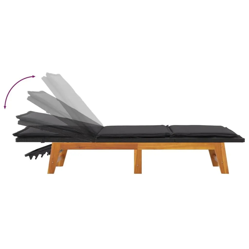 Sun Lounger for Patio Garden Adjustable Backrest with Cushion Poly Rattan Solid Wood Acacia