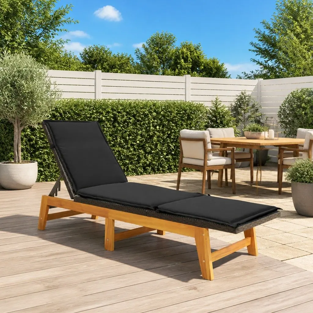 Sun Lounger with Side Table for Outdoor Patio Garden Black Poly Rattan Acacia Wood