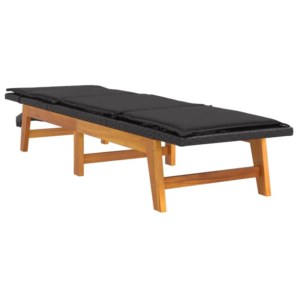 Sun Lounger with Side Table for Outdoor Patio Garden Black Poly Rattan Acacia Wood