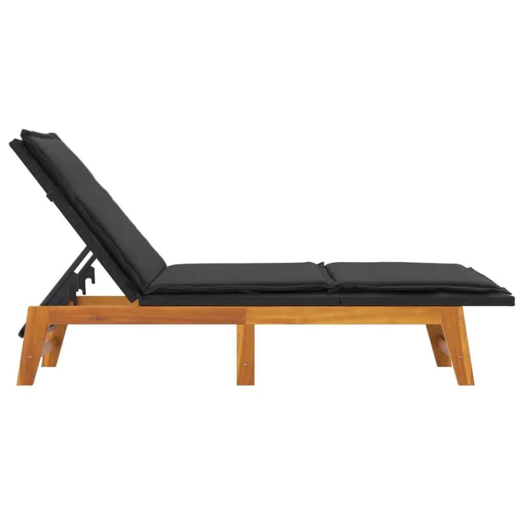 Sun Lounger with Side Table for Outdoor Patio Garden Black Poly Rattan Acacia Wood