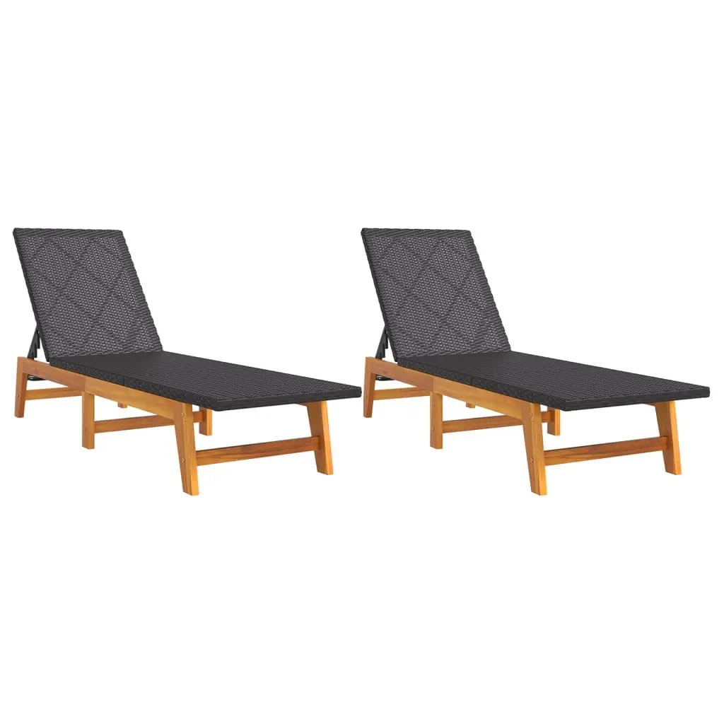 Sun Lounger Set for Patio Garden Black Poly Rattan Acacia Wood Adjustable Backrest 2 Piece