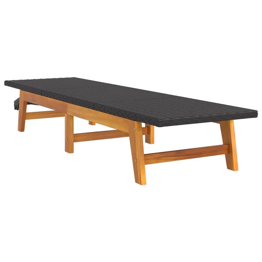 Sun Lounger Set for Patio Garden Black Poly Rattan Acacia Wood Adjustable Backrest 2 Piece