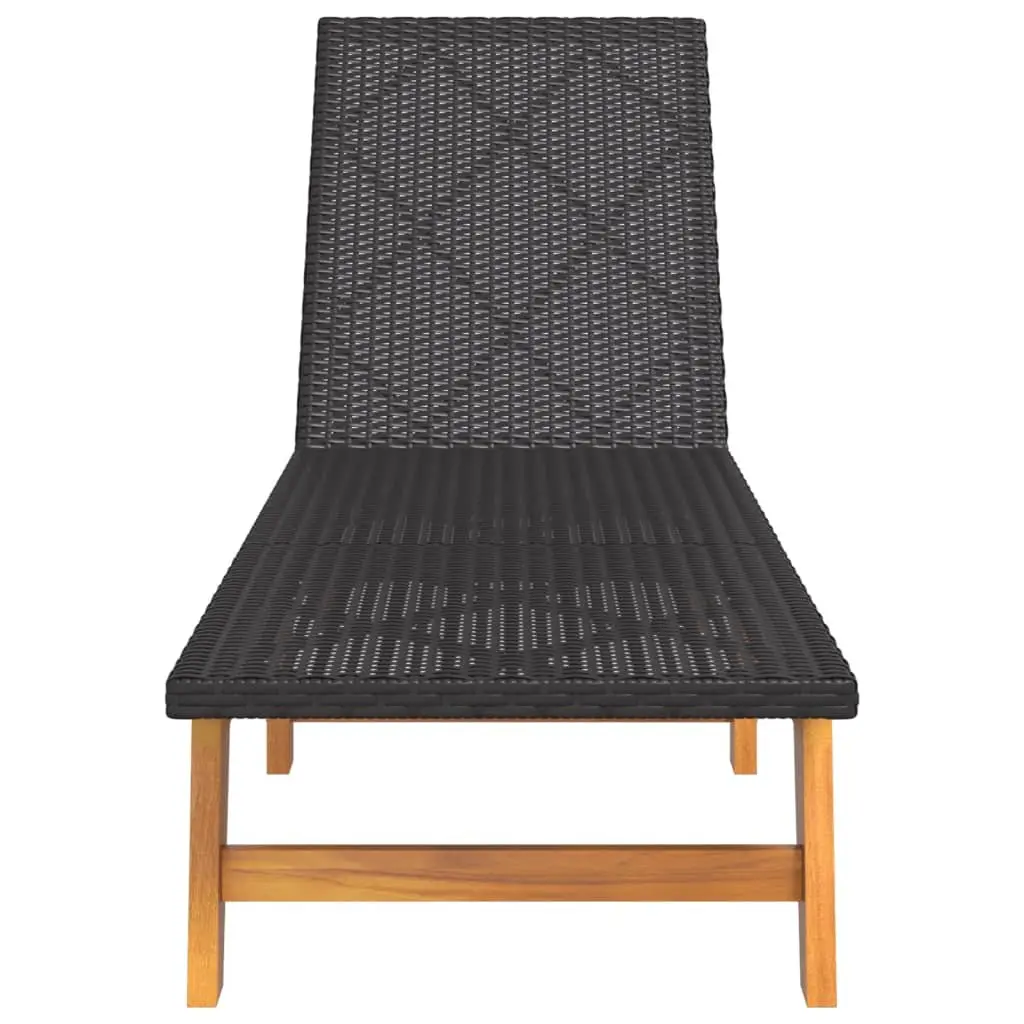 Sun Lounger Set for Patio Garden Black Poly Rattan Acacia Wood Adjustable Backrest 2 Piece