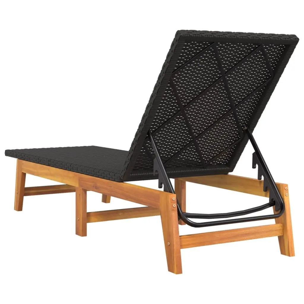 Sun Lounger Set for Patio Garden Black Poly Rattan Acacia Wood Adjustable Backrest 2 Piece