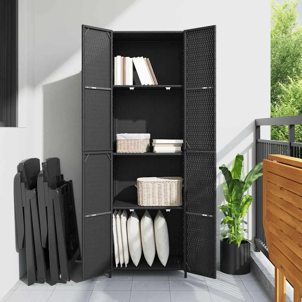 Garden Storage Cabinet Black Outdoor Poly Rattan Weatherproof 59x40x180cm