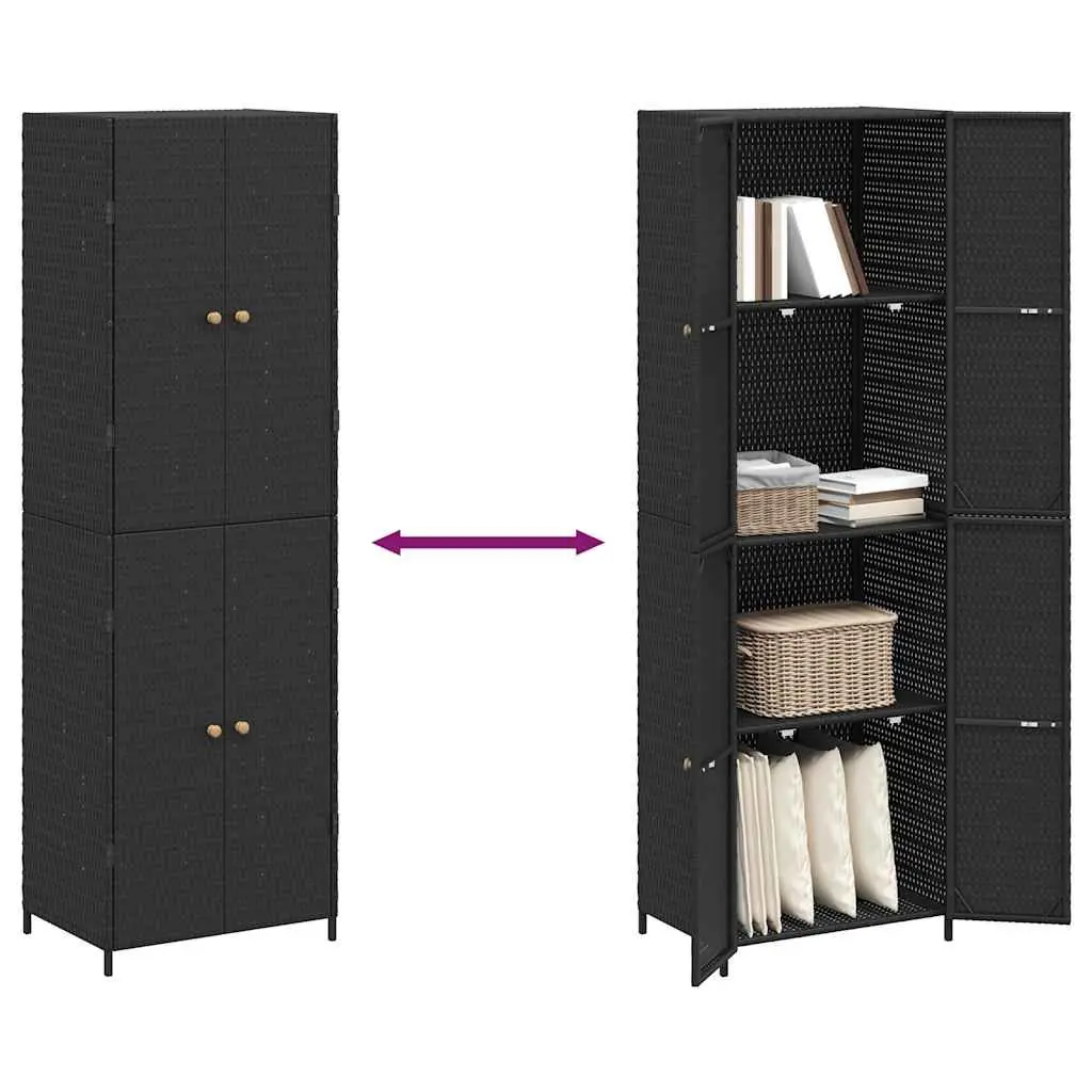 Garden Storage Cabinet Black Outdoor Poly Rattan Weatherproof 59x40x180cm