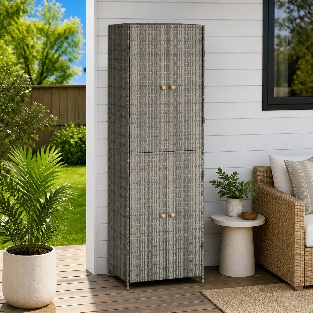 Garden Storage Cabinet Grey Outdoor Shed Poly Rattan Compartment Organizer