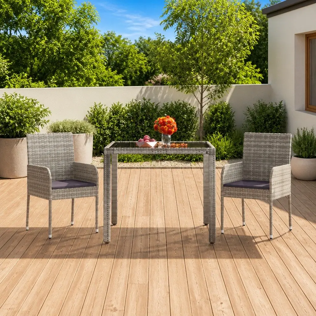 Outdoor Garden Chairs Grey Poly Rattan Set 2 pcs Cushioned Patio Seating
