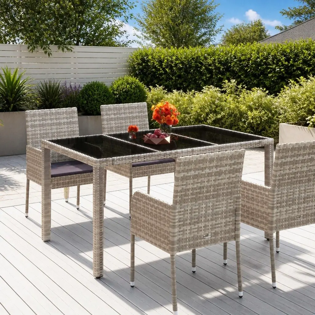 Garden Table Outdoor Patio Furniture Grey Poly Rattan Glass Top 150x90x75cm