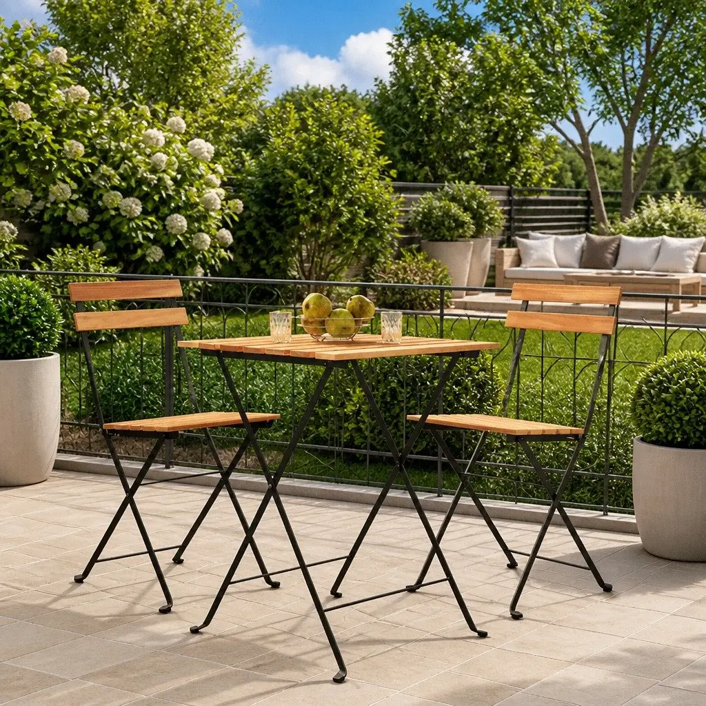 Folding Bistro Chairs Outdoor Garden Teak Wood Steel Set of 2