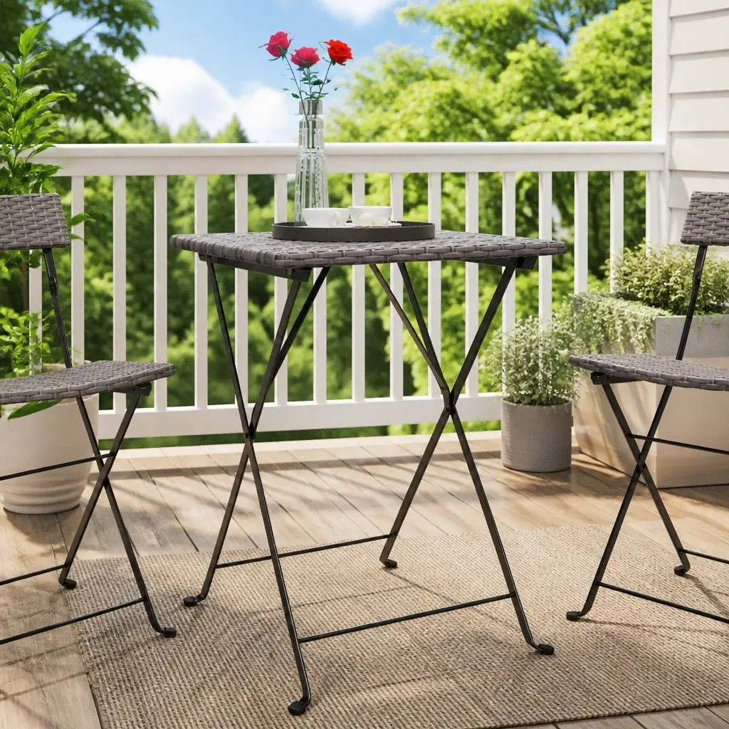 Folding Bistro Table Grey Outdoor Garden Patio Furniture Poly Rattan Steel Frame