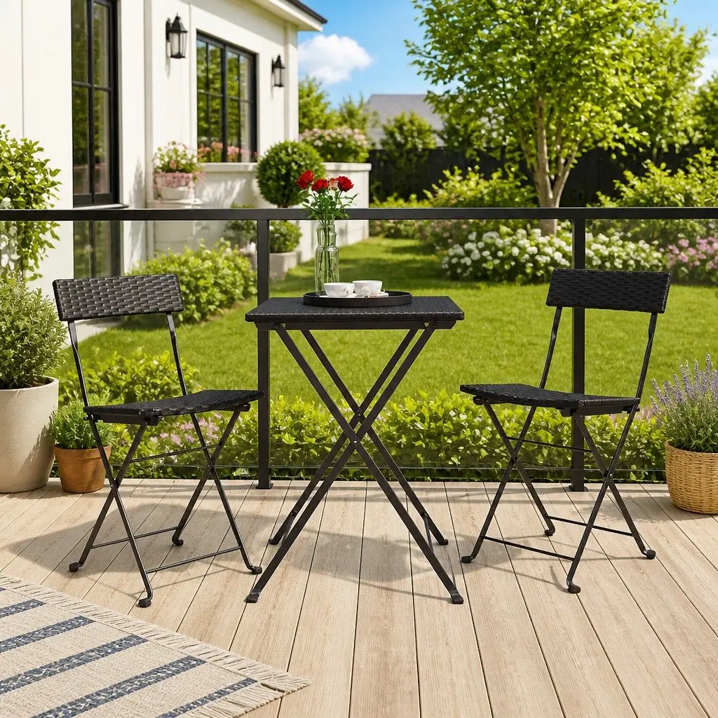 Folding Bistro Chair Outdoor Garden 2 Piece Set Poly Rattan Steel Frame