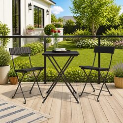 Folding Bistro Chair Set: 2 Piece, Black Poly Rattan, Steel Frame