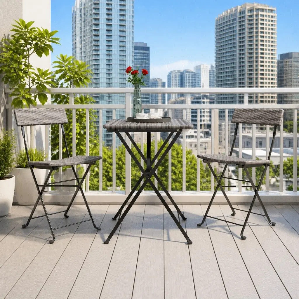 Folding Bistro Set 3 Piece Grey Poly Rattan Outdoor Garden Patio Dining Table