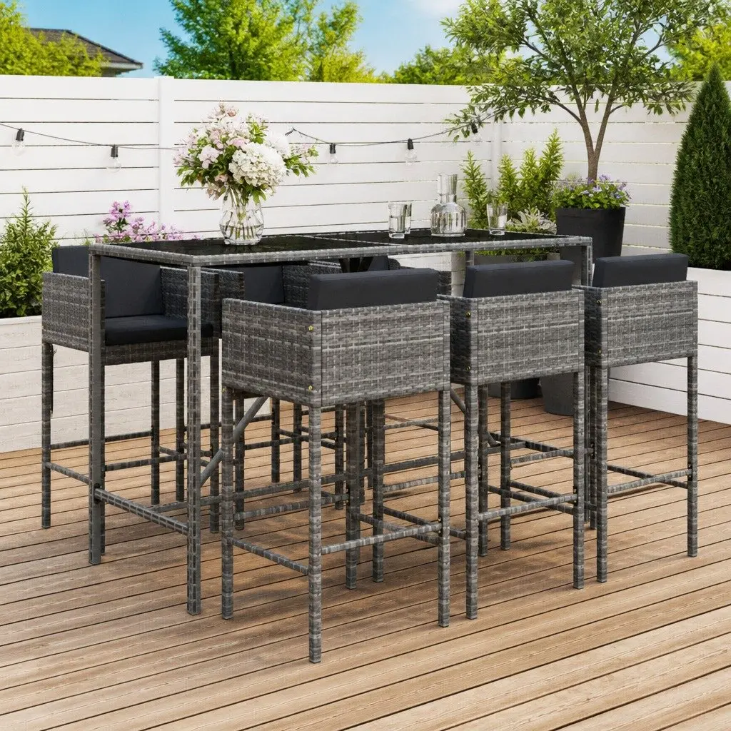Garden Bar Set 7 Piece Outdoor Patio Furniture with Cushions Grey Rattan Stools