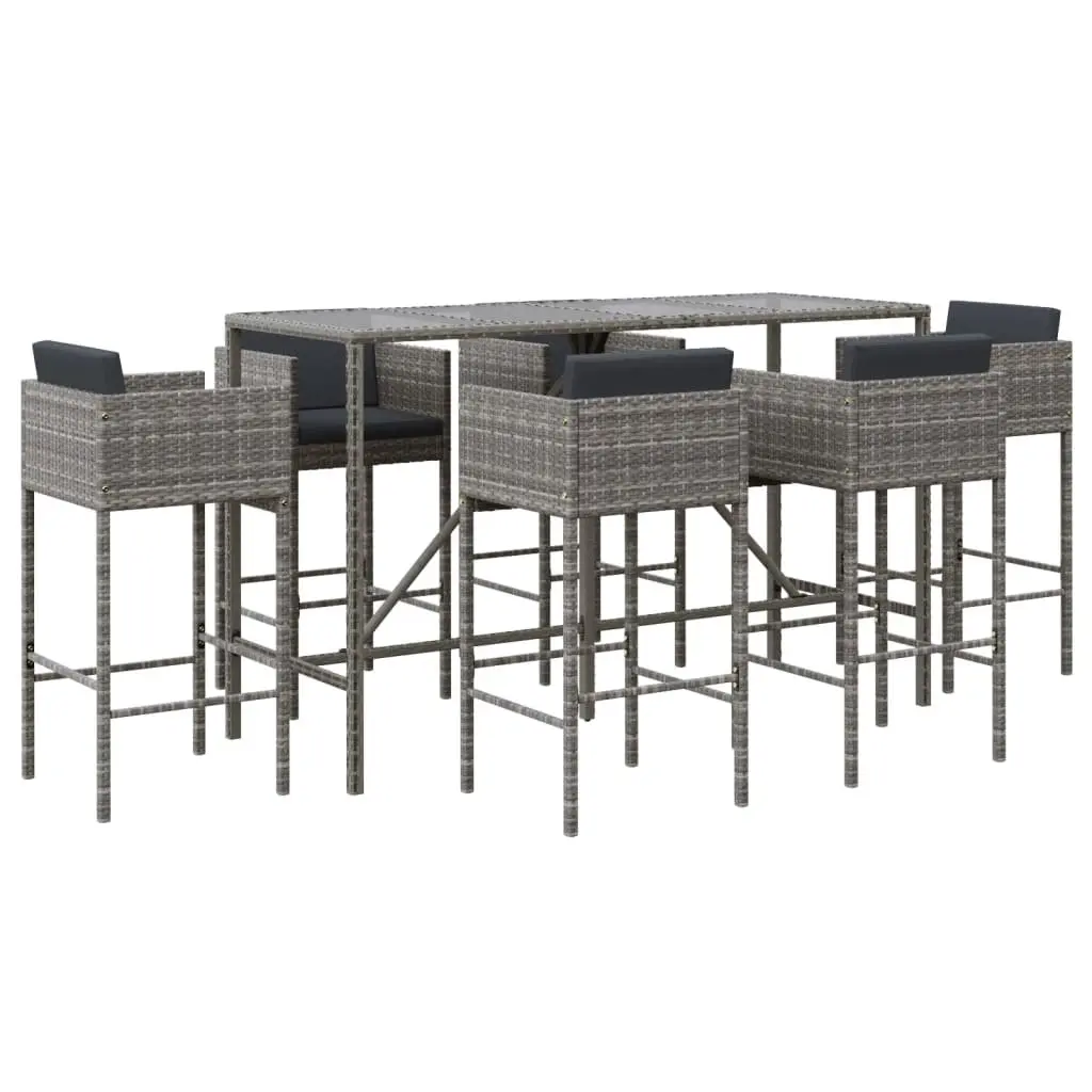 Garden Bar Set 7 Piece Outdoor Patio Furniture with Cushions Grey Rattan Stools