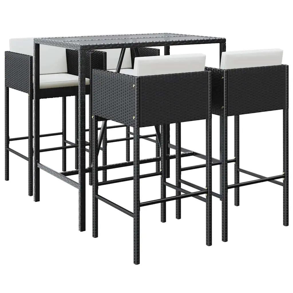 5 Piece Poly Rattan Black Outdoor Bar Set with Cushioned Stools for Patio Garden