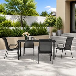 5 Piece Outdoor Dining Set Black Steel Textilene Chairs Glass Table Patio