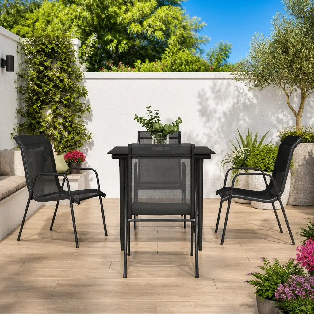 Garden Dining Set Outdoor Patio 5 Piece Black Steel Textilene Chairs