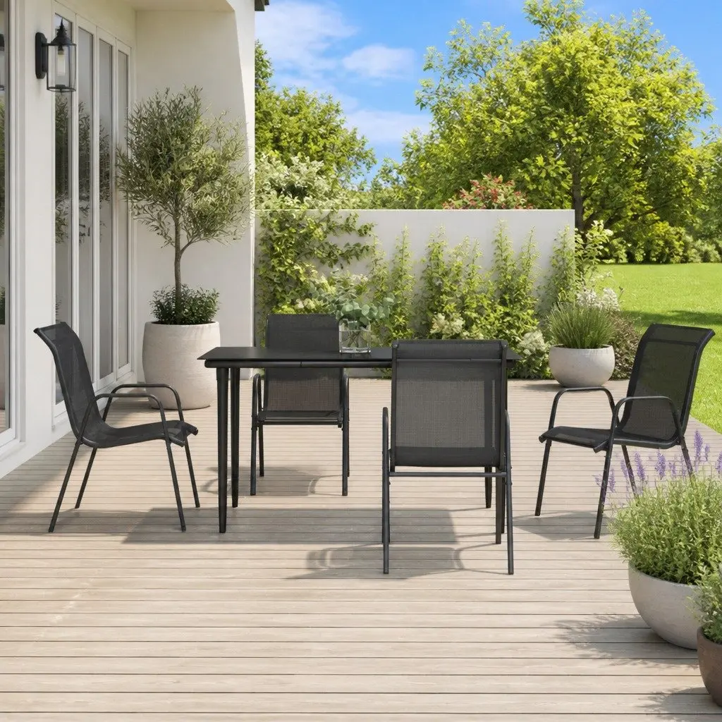 Outdoor Dining Set Garden Use 5 Piece Black Steel Textilene Chairs Table