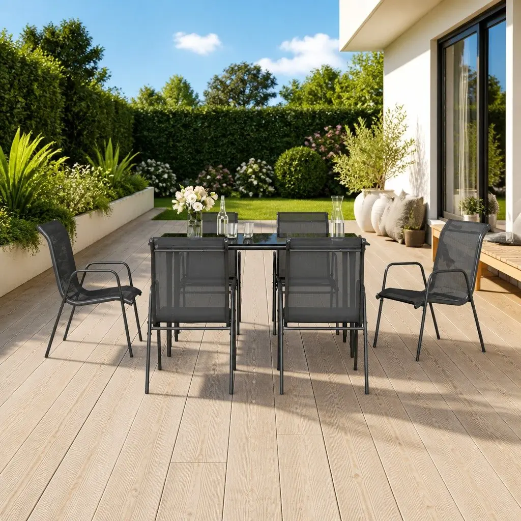 7-Piece Garden Dining Set with Steel Frame & Glass Table
