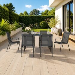 7-Piece Garden Dining Set with Steel Frame & Glass Table