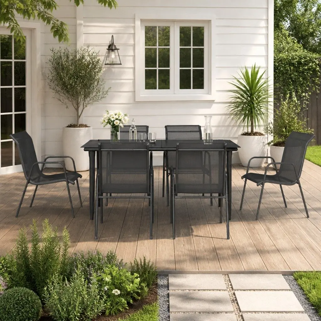Outdoor Dining Set 7 Piece Patio Furniture Black Steel Table and Chairs for Garden