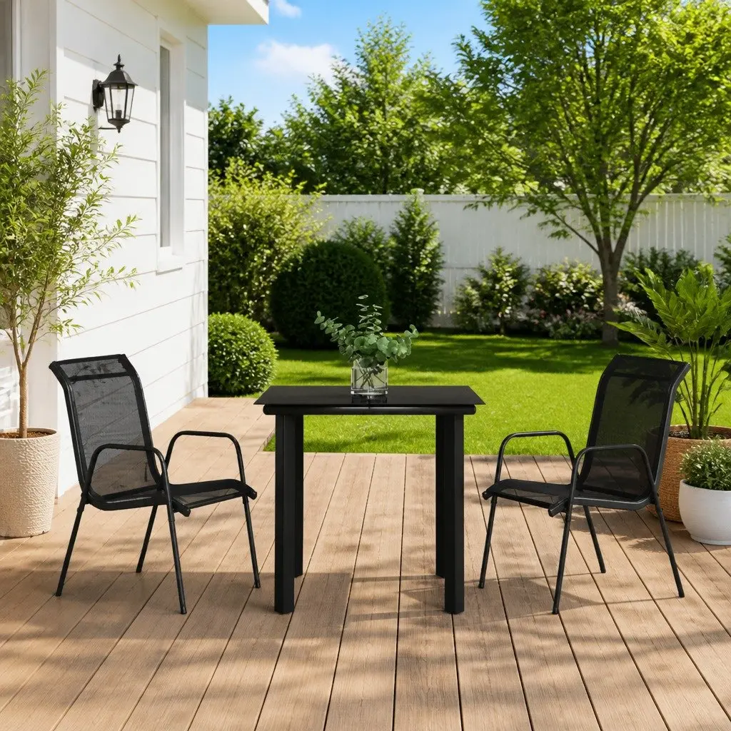 Garden Dining Set Outdoor Use 3 Piece Black Steel Textilene Armchairs