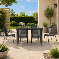 Outdoor Dining Set 7 Piece Garden Furniture Black Steel Glass Patio Table Chairs