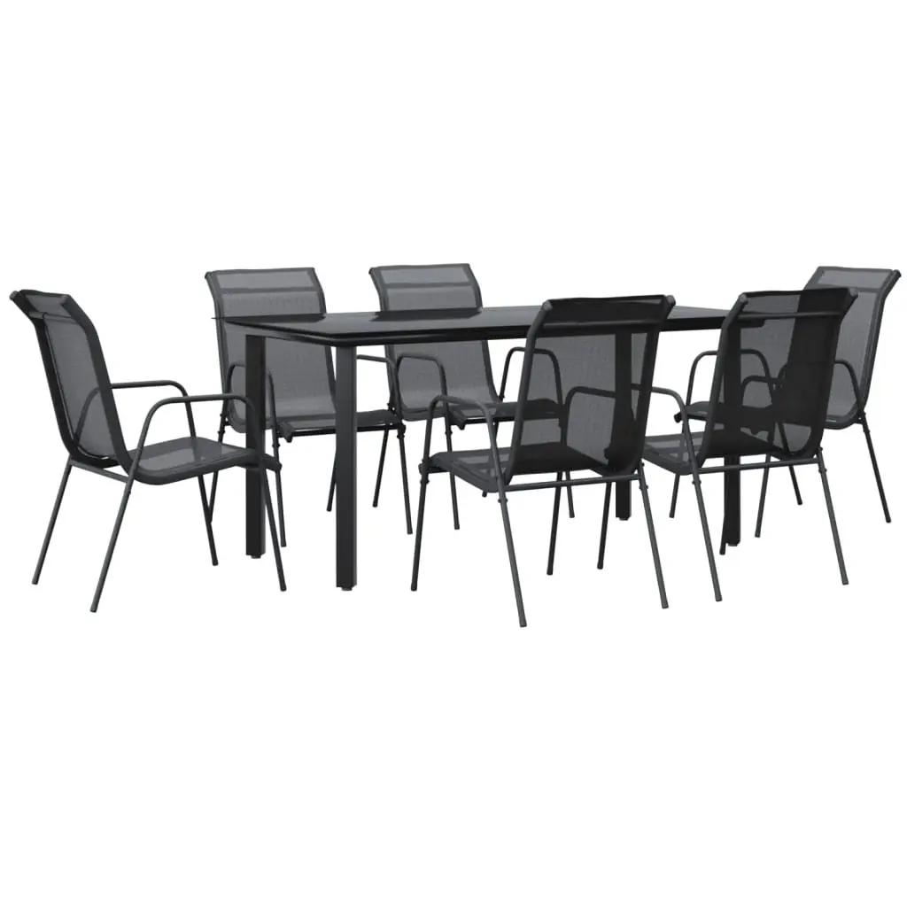 Outdoor Dining Set 7 Piece Garden Furniture Black Steel Glass Patio Table Chairs
