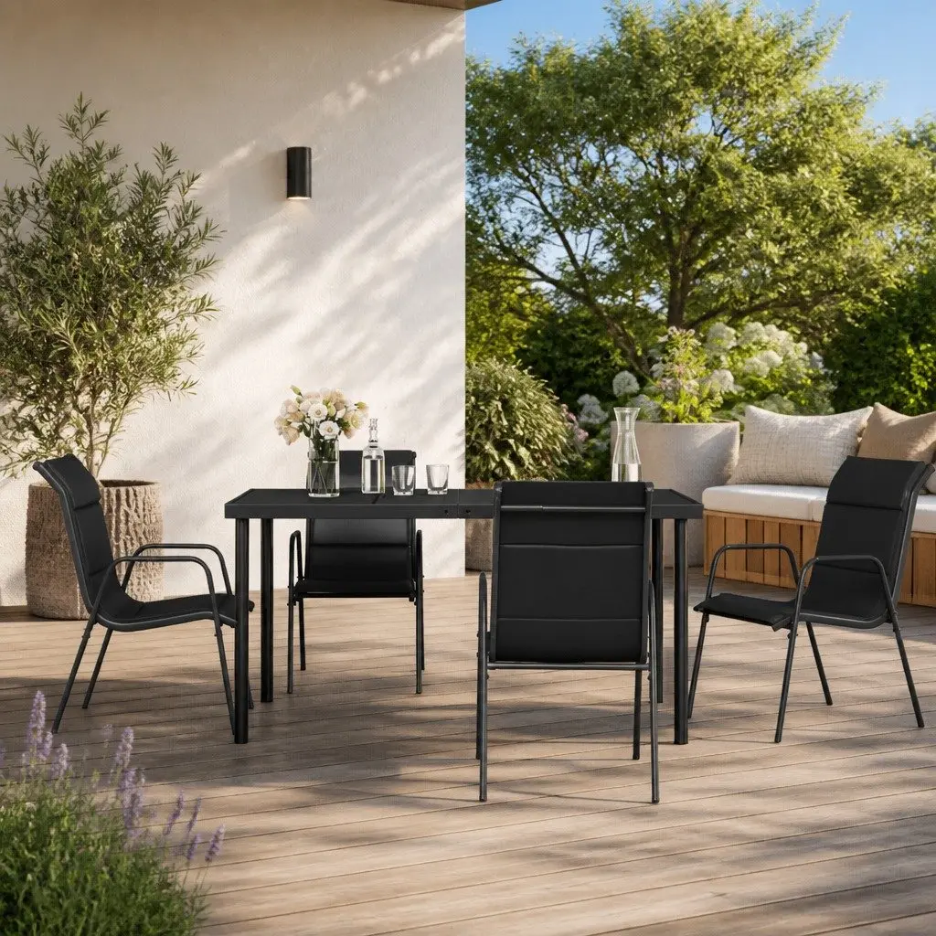 Garden Dining Set Outdoor Furniture 5 Piece Black Steel Textilene Chairs Table