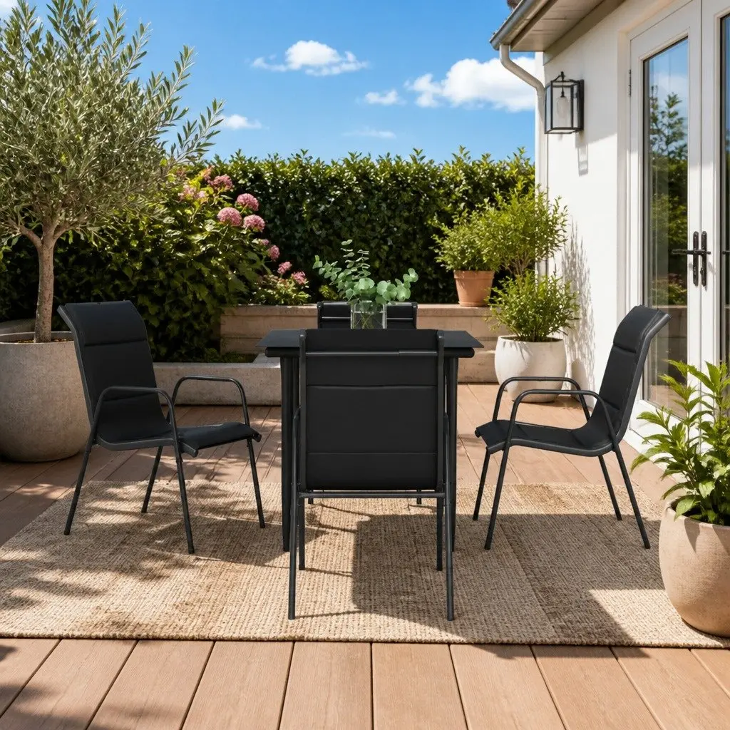 5-Piece Garden Dining Set with Black Steel and Textilene