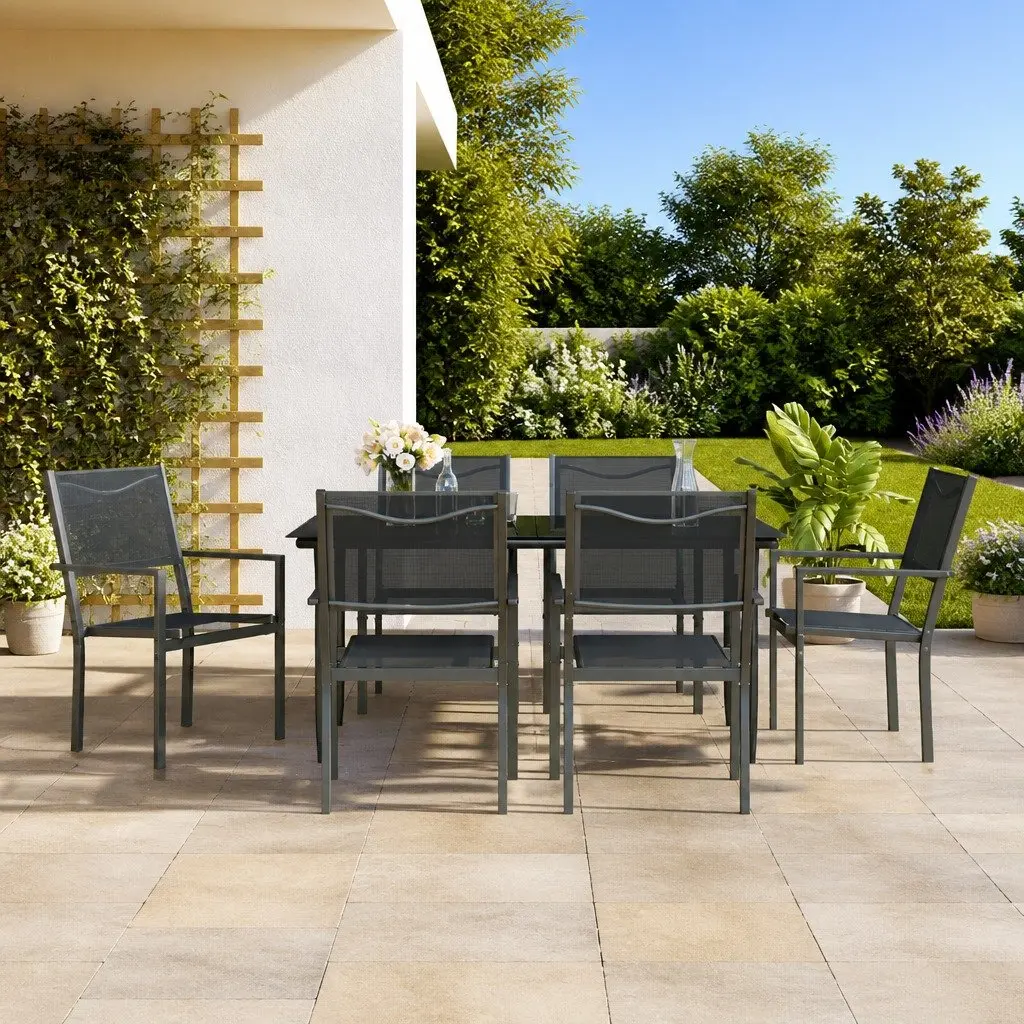 Garden Dining Set 7 Piece Outdoor Furniture Patio Garden Black Steel Textilene Chairs Table