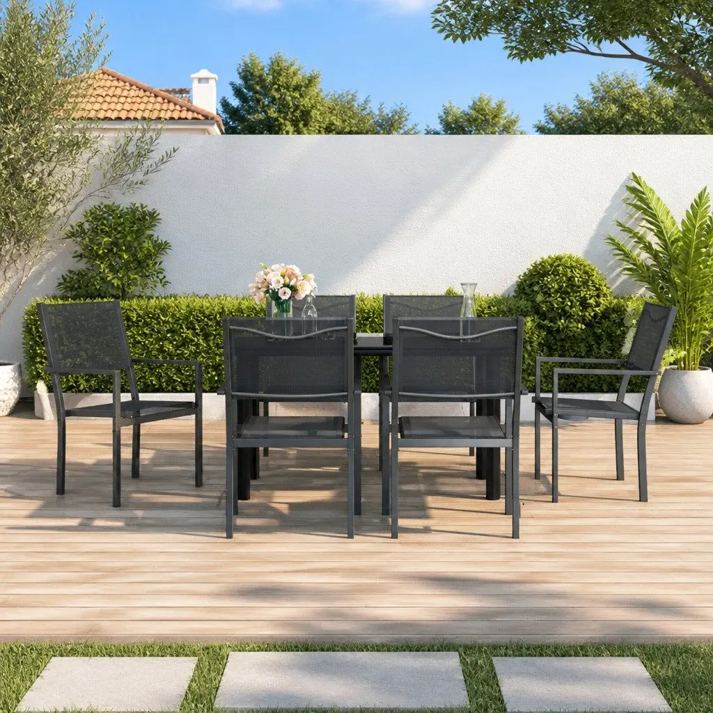 7 Piece Garden Dining Set Black Steel Textilene Outdoor Furniture Patio Table