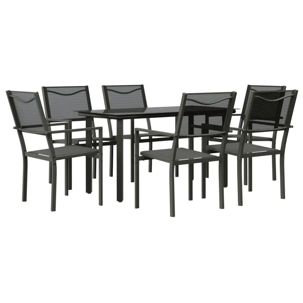 7 Piece Garden Dining Set Black Steel Textilene Outdoor Furniture Patio Table