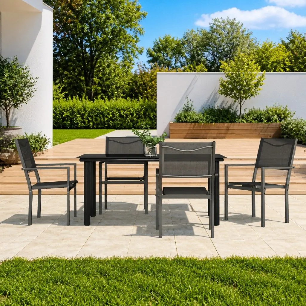 Garden Dining Set 5 Piece Outdoor Furniture Black Steel Chairs Table Patio