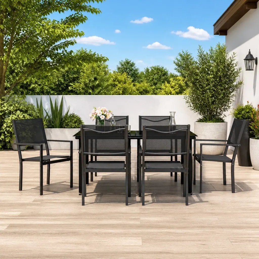 7 Piece Outdoor Dining Set Black Steel Textilene Chairs Table Garden Patio